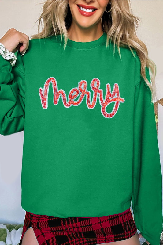 Dark Green Sequin MERRY Sweatshirt