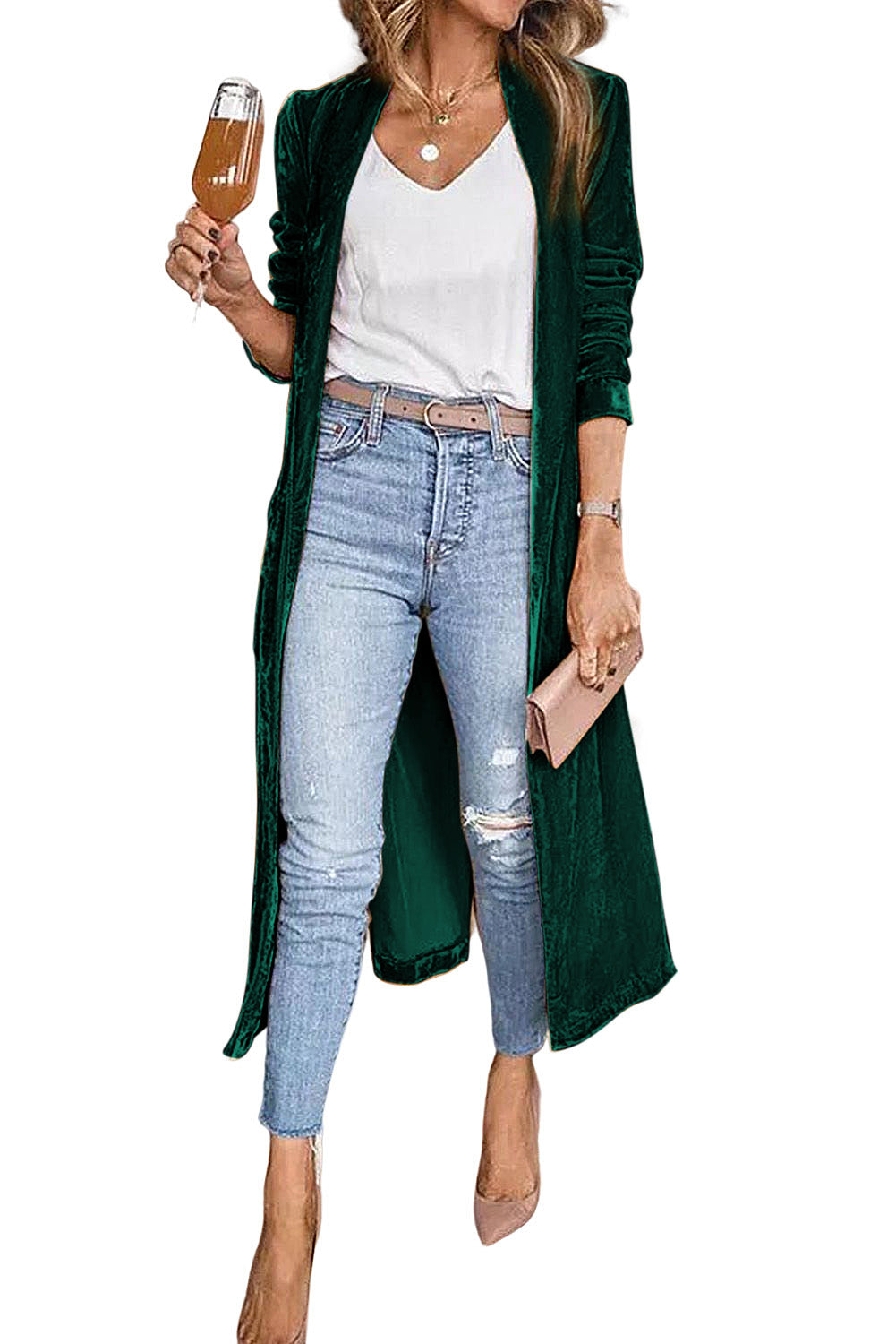 Velvet Elegant Pocket Open Front Long Cardigan