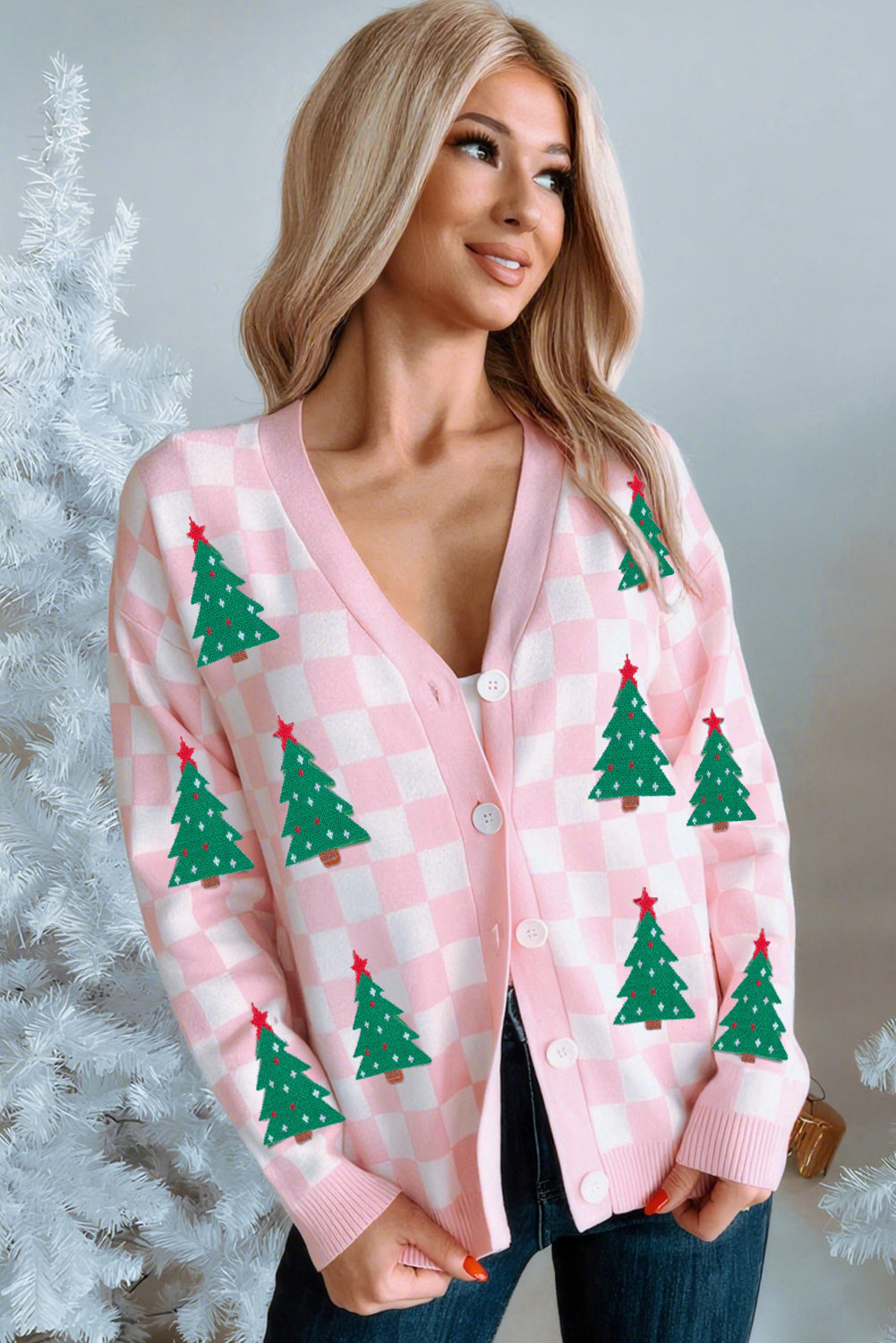 Checkered Christmas Tree Knit Cardigan