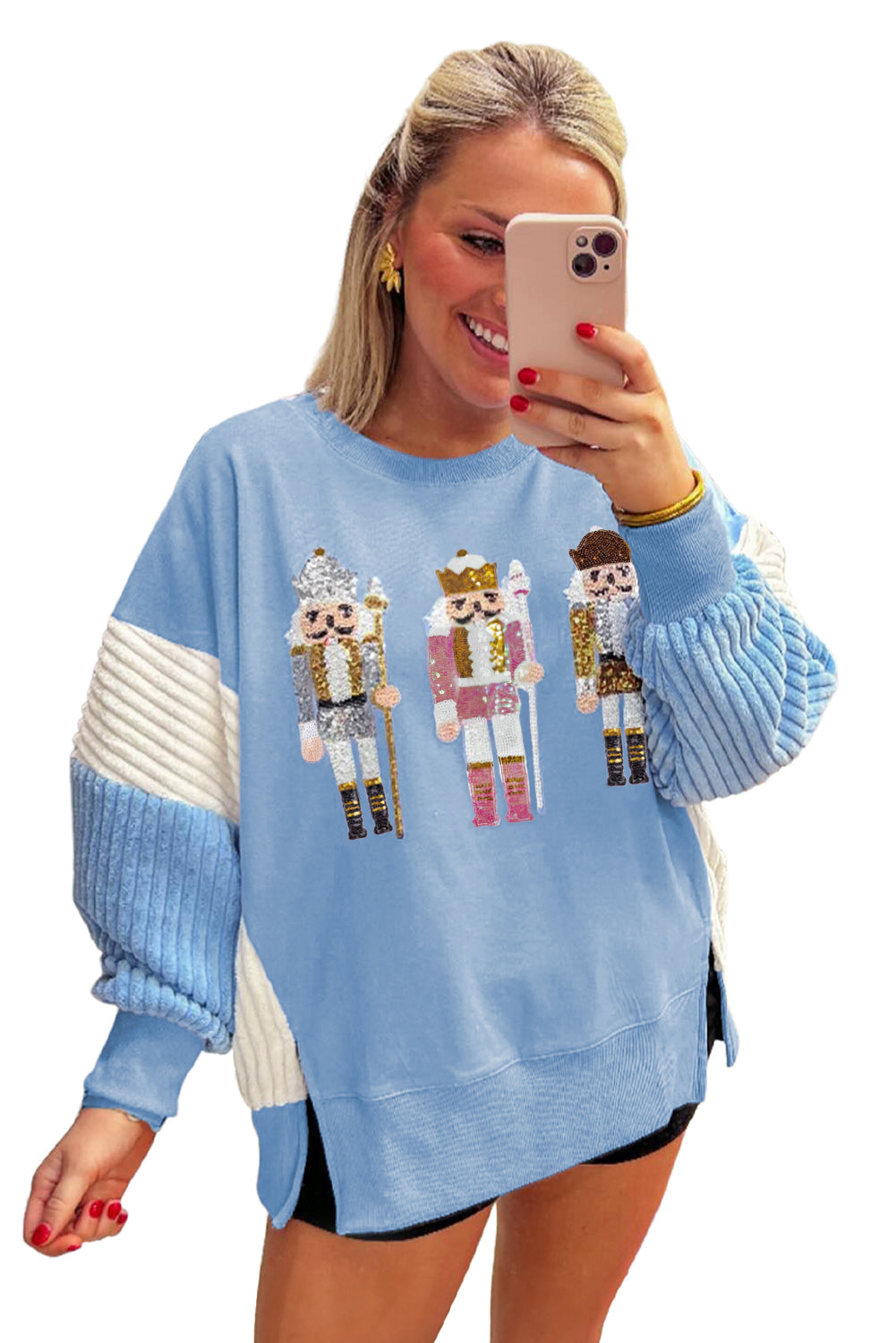 Blue Sequin Nutcracker Patchwork Sweatshirt