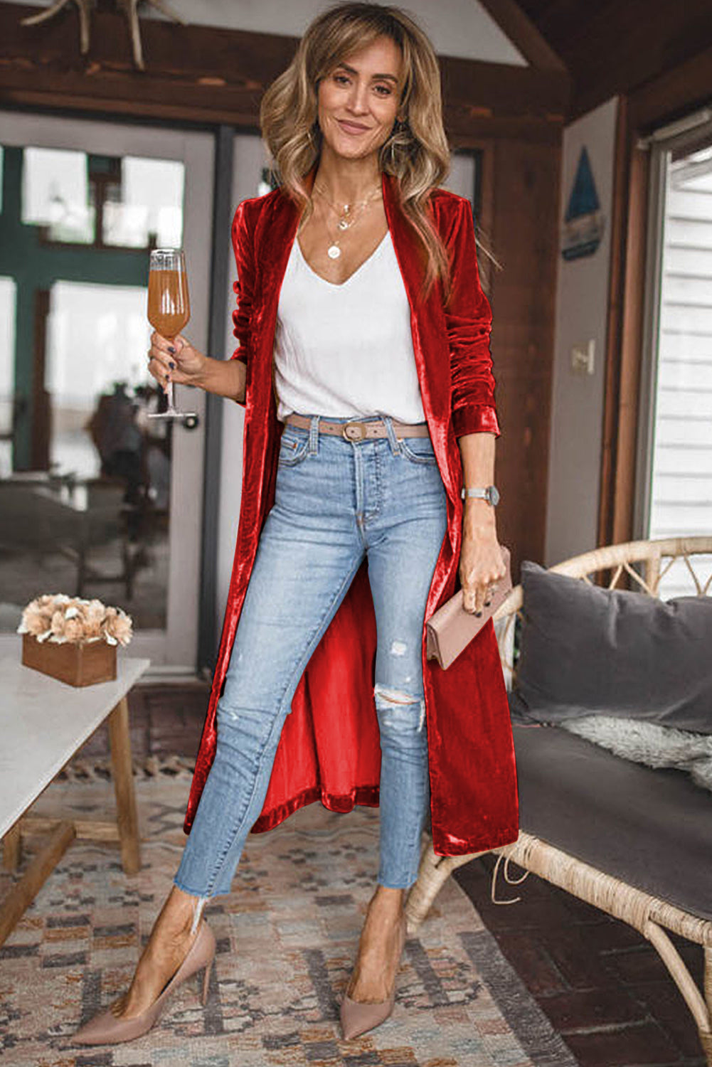 Velvet Elegant Pocket Open Front Long Cardigan