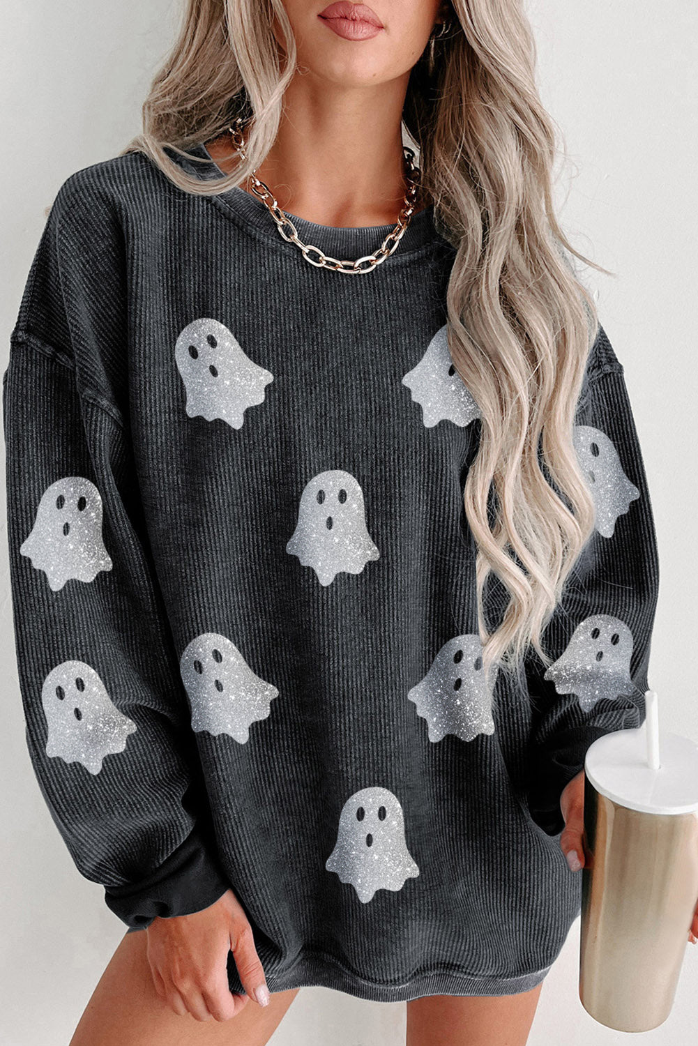 Glitter Halloween Ghost Corded Sweatshirt