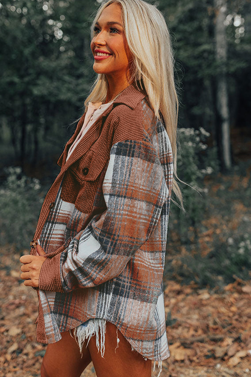 Plaid Corduroy Patchwork Pocket Loose Shacket