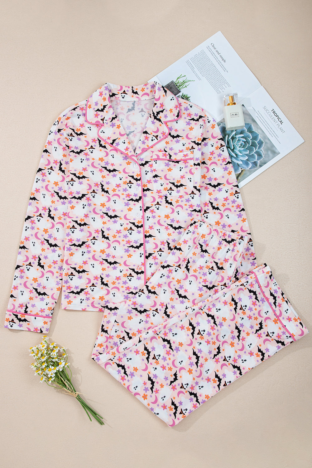 Pink Floral Halloween Ghost Long Pajama Set