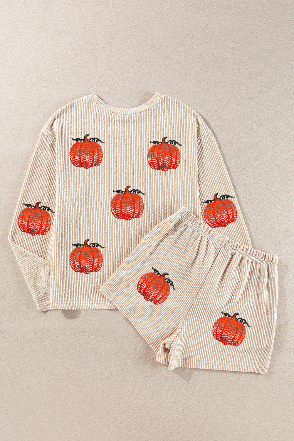 Rib Sequin Pumpkin Long Sleeve Pullover and Shorts Set