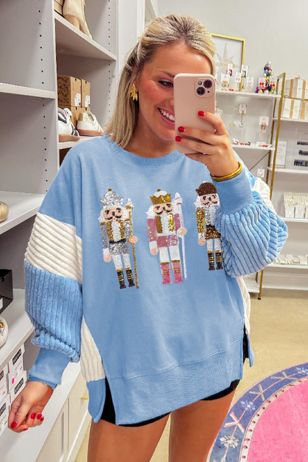 Blue Sequin Nutcracker Patchwork Sweatshirt