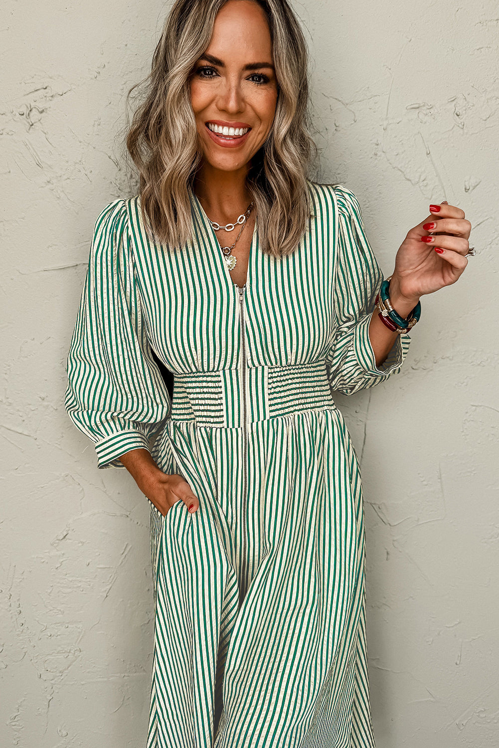 Green Striped Cinched High Waist Midi Dress