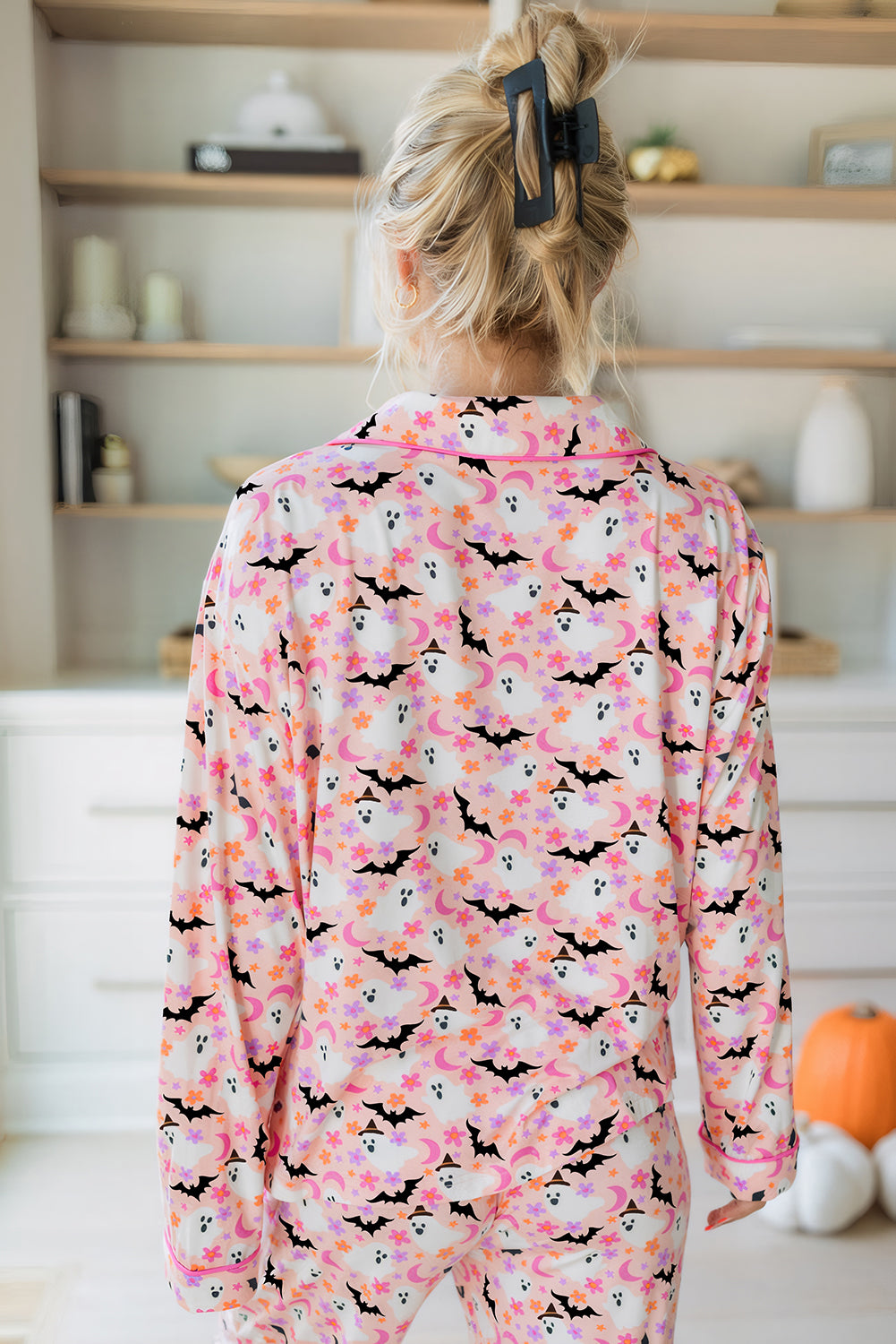 Pink Floral Halloween Ghost Long Pajama Set