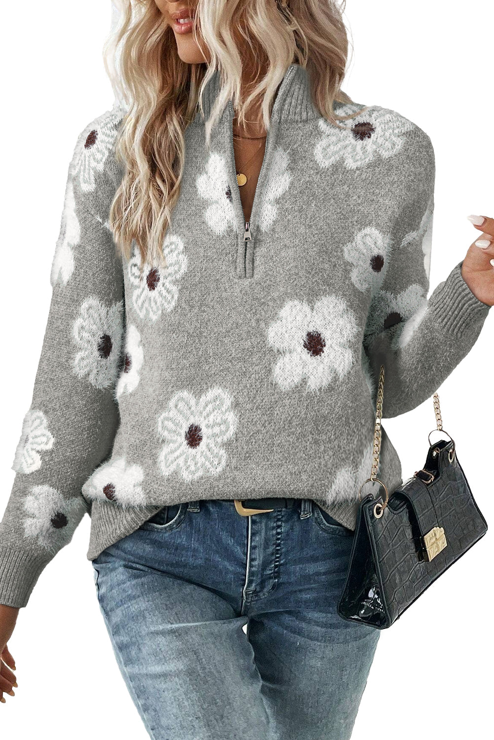 Floral Half Zip Sweater