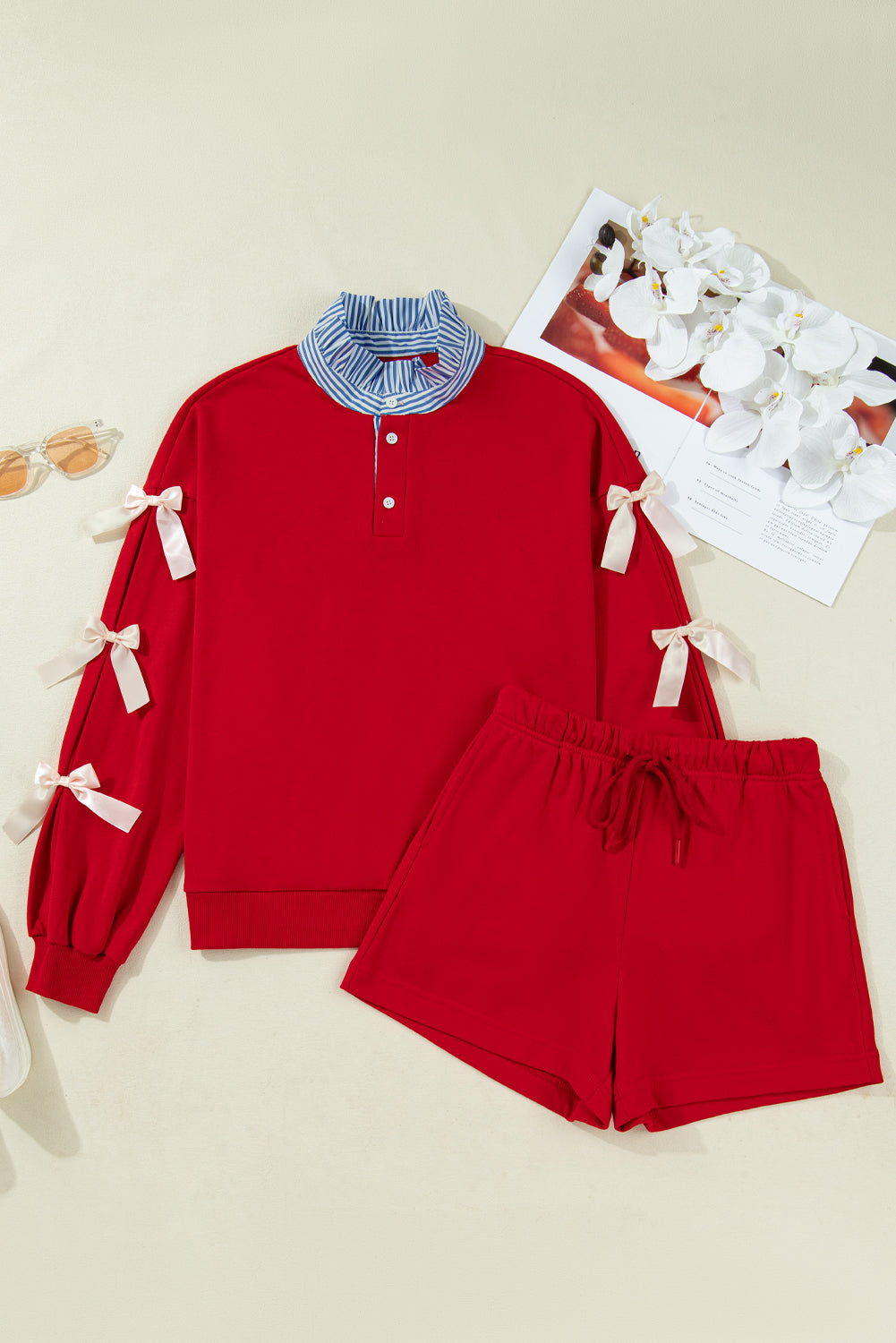 Striped Collar Knot Sleeve Sweatshirt and Shorts Set