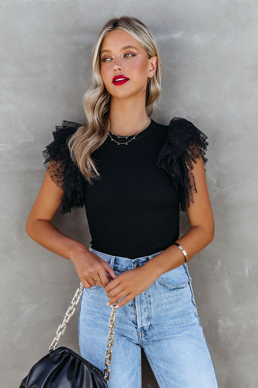 Dotty Layered Ruffle Ribbed Knit Top