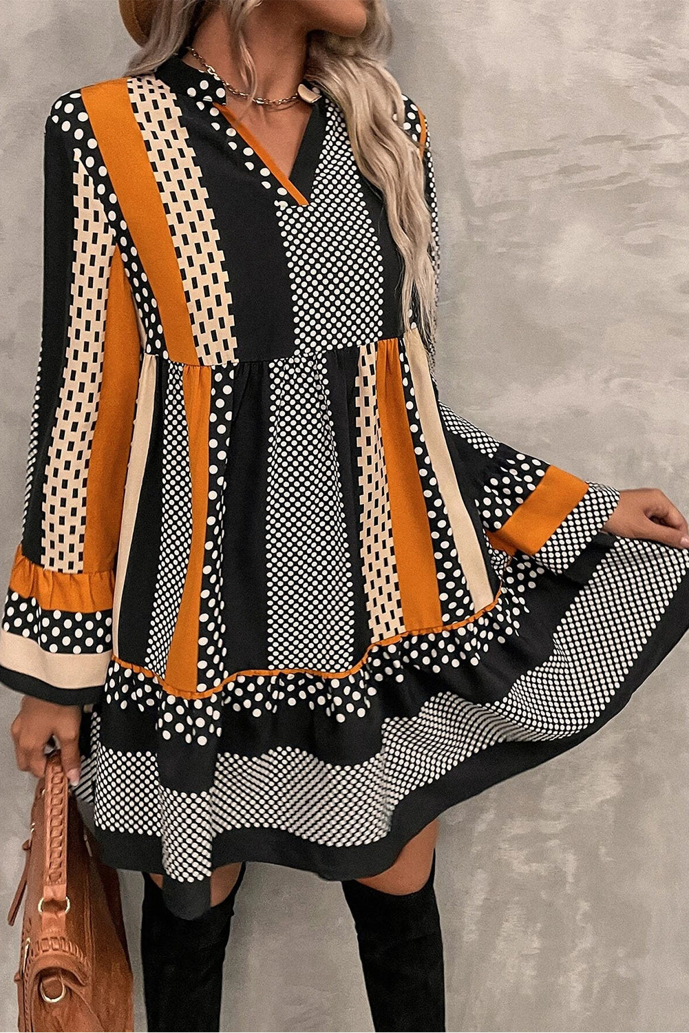 Black Striped Polka Dot Loose Mini Dress