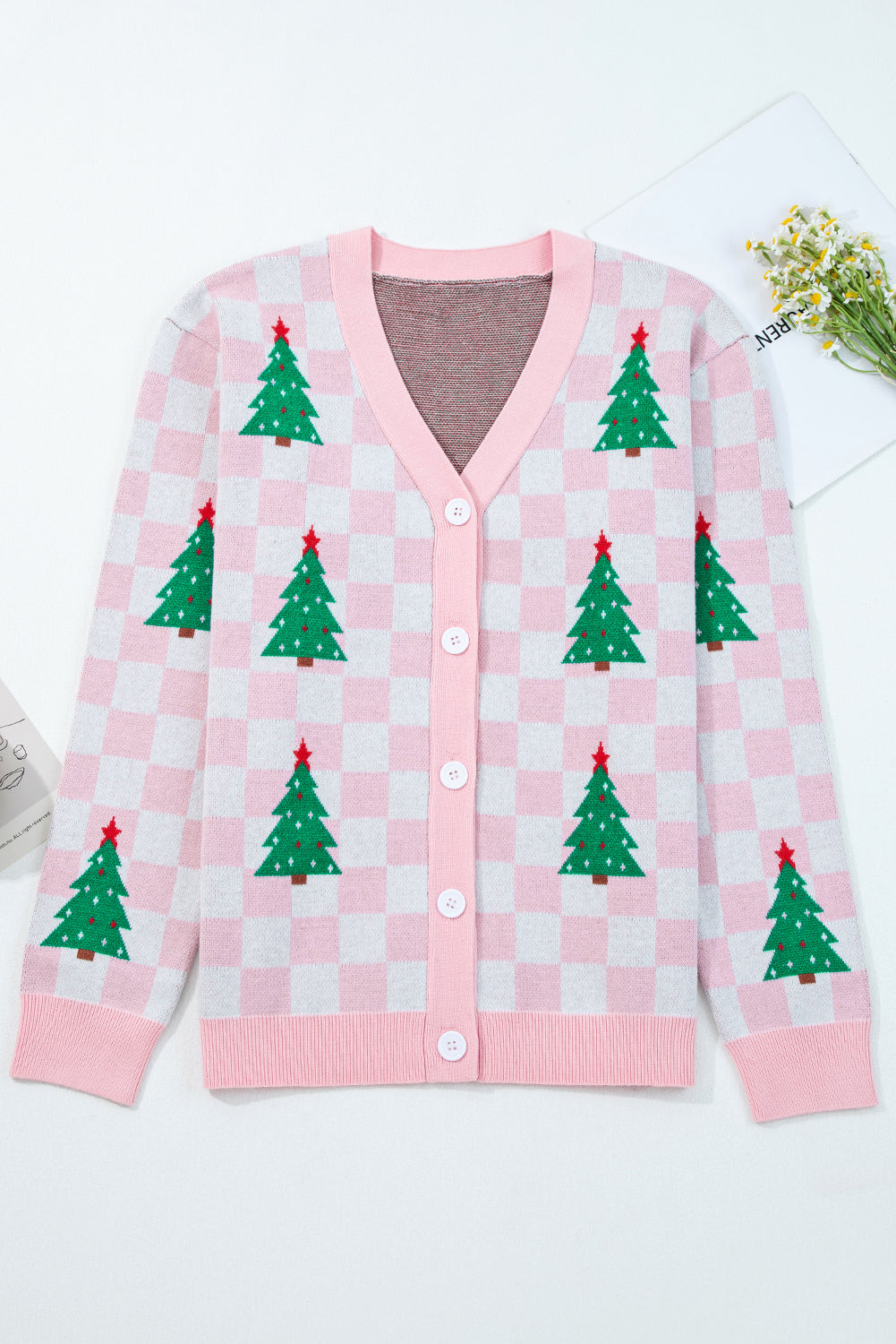 Checkered Christmas Tree Knit Cardigan