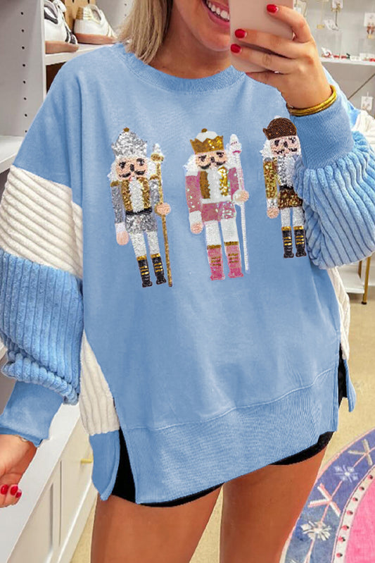 Blue Sequin Nutcracker Patchwork Sweatshirt