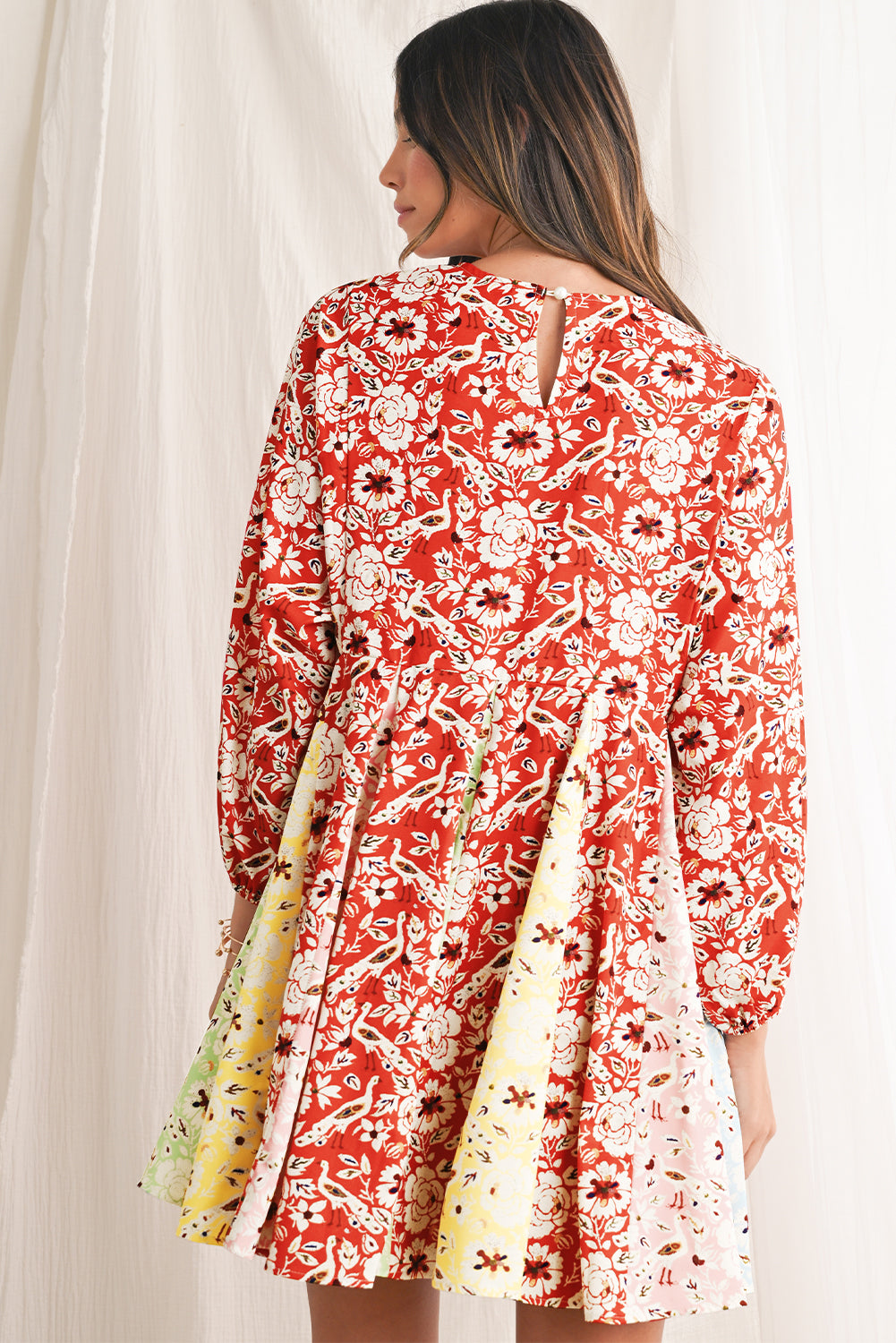 Floral Patchwork Long Sleeve Pleated Dress