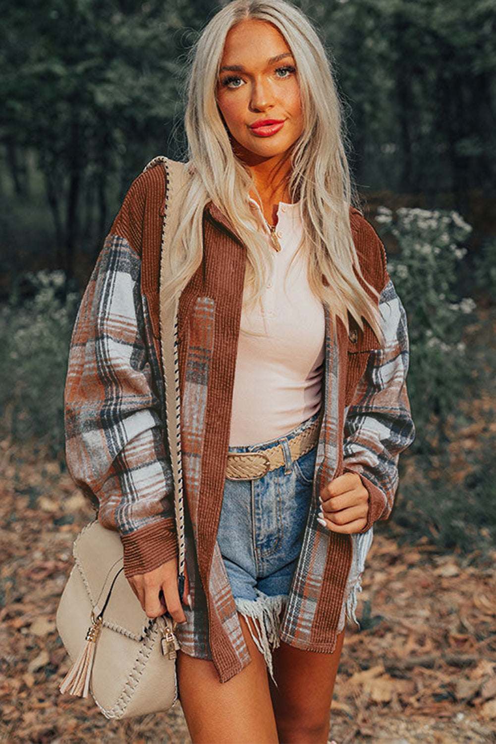Plaid Corduroy Patchwork Pocket Loose Shacket