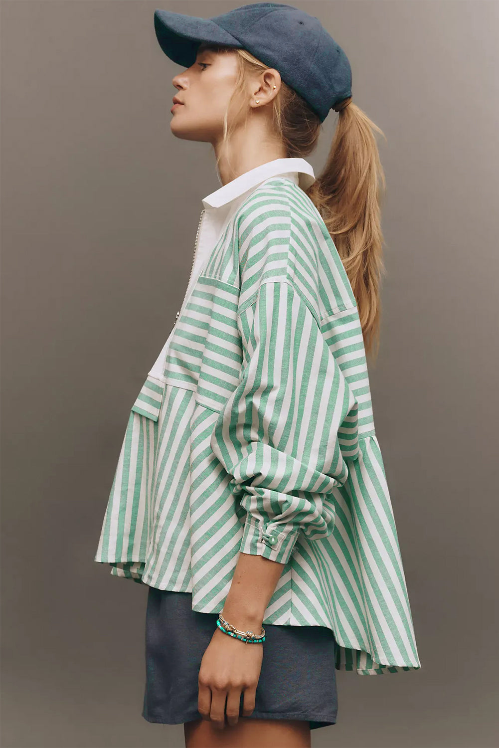 Green Striped Zipper Collar Top