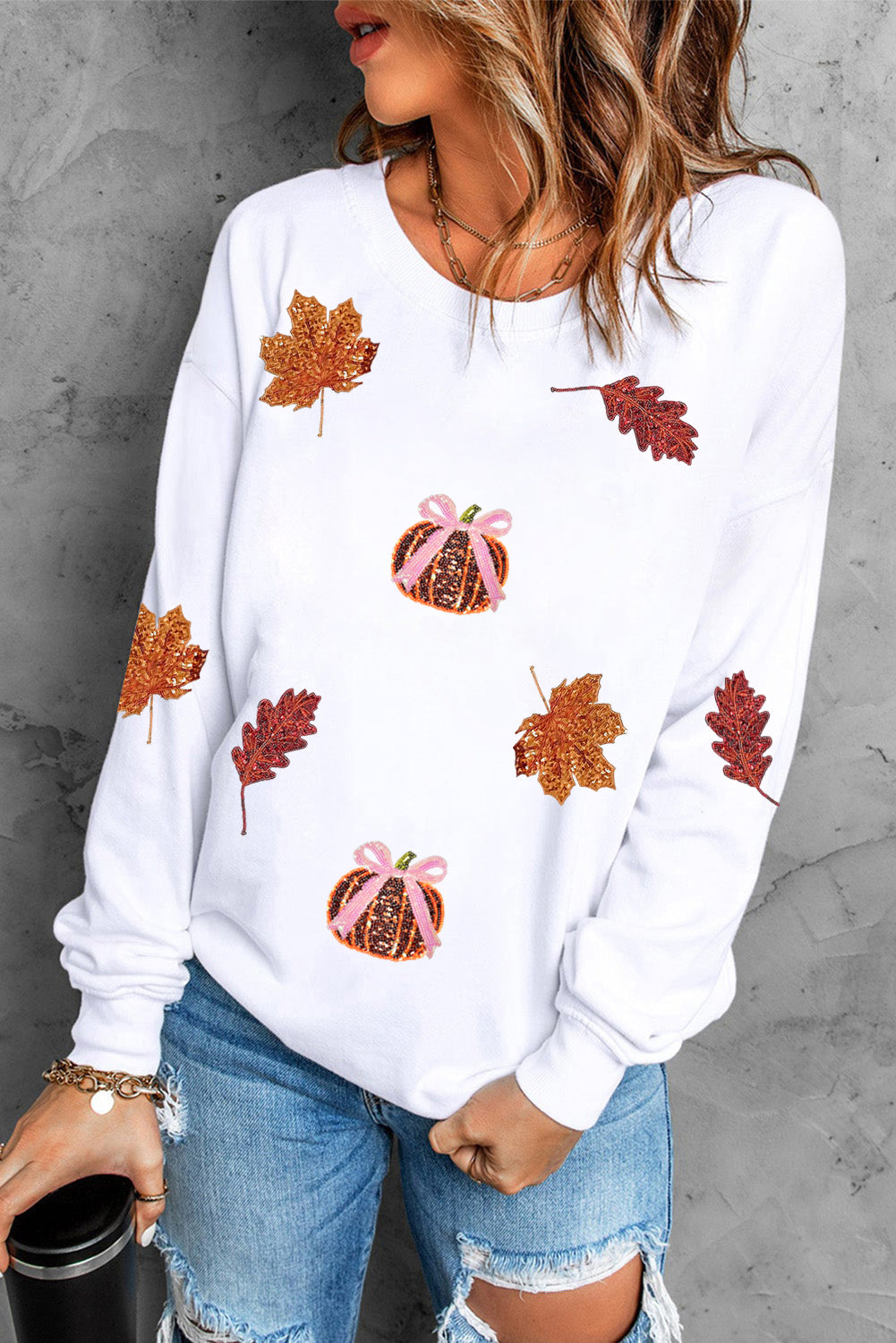 Leaf Bow Pumpkin Sequin Sweatshirt
