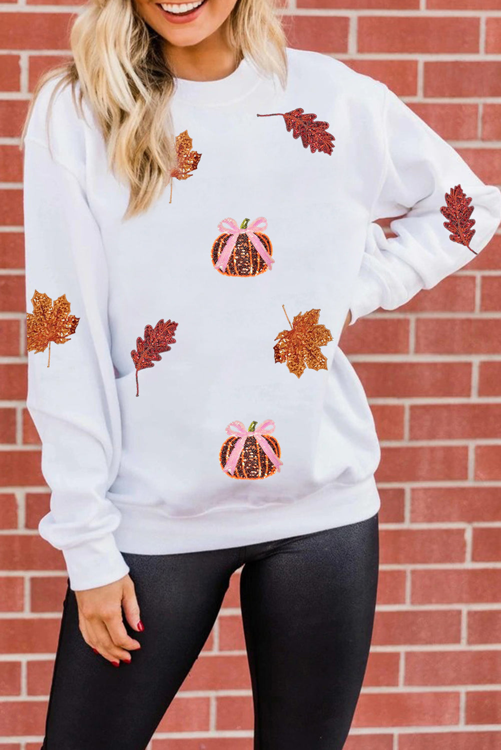Leaf Bow Pumpkin Sequin Sweatshirt