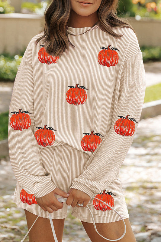 Rib Sequin Pumpkin Long Sleeve Pullover and Shorts Set