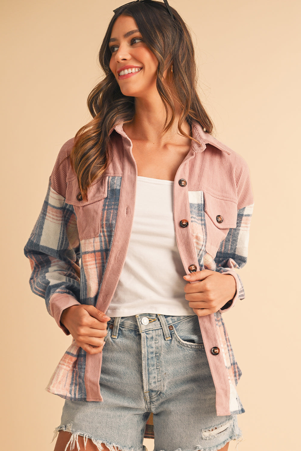 Plaid Corduroy Patchwork Pocket Loose Shacket