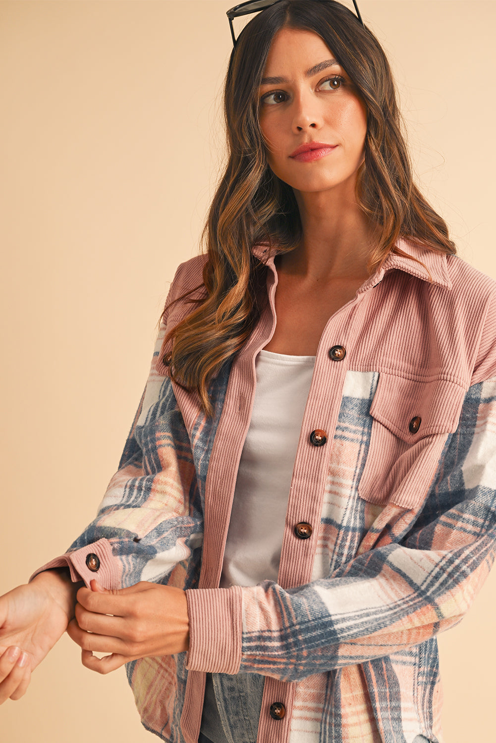 Plaid Corduroy Patchwork Pocket Loose Shacket