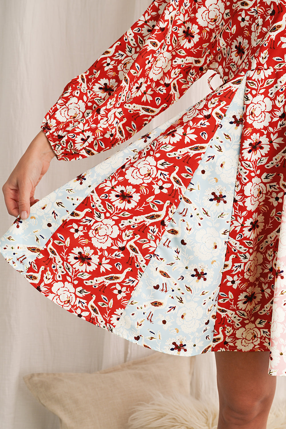 Floral Patchwork Long Sleeve Pleated Dress