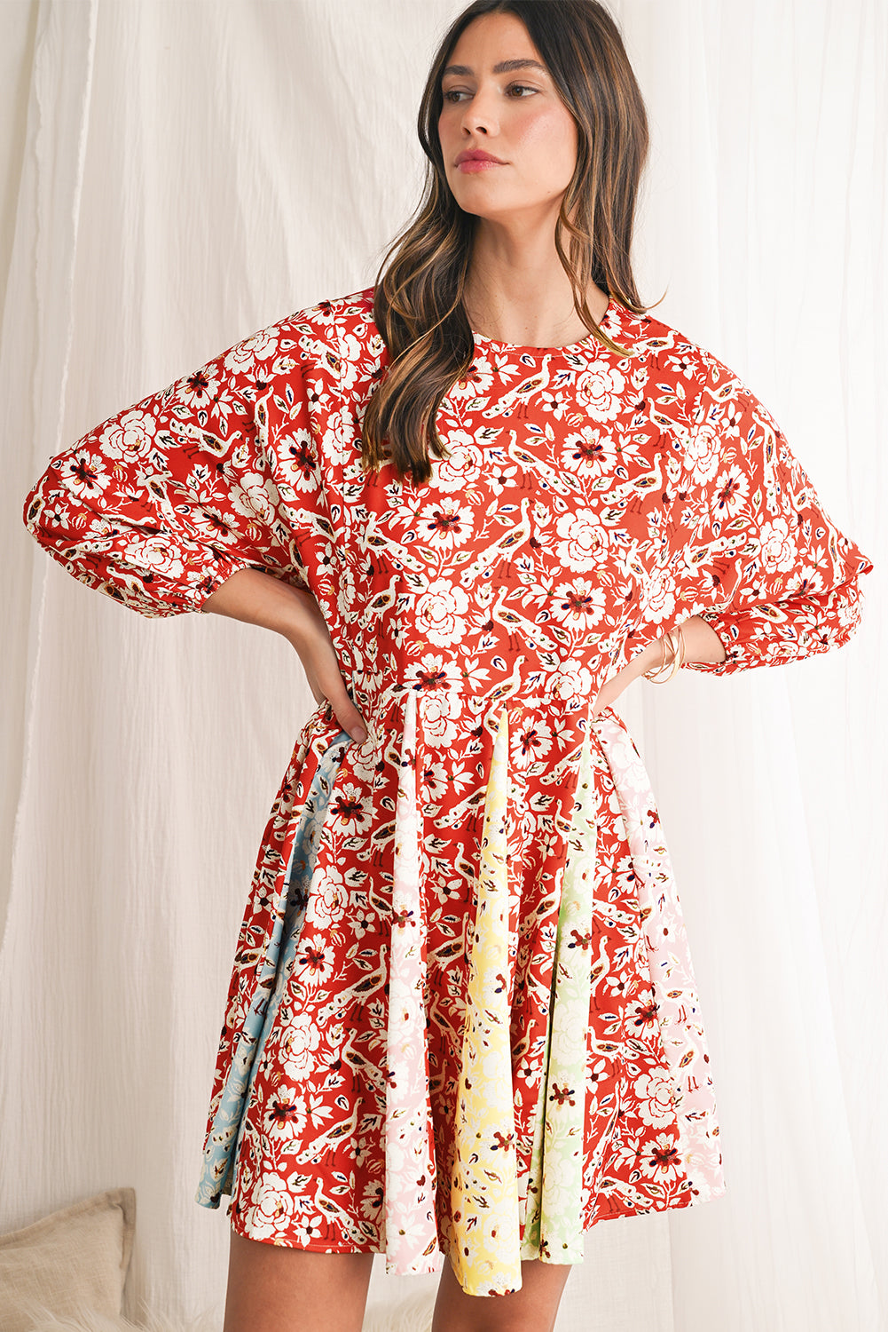Floral Patchwork Long Sleeve Pleated Dress