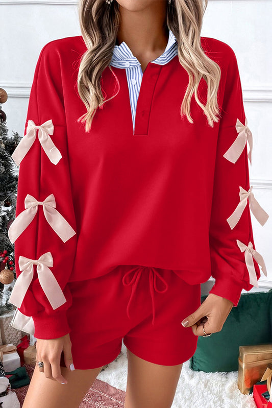 Striped Collar Knot Sleeve Sweatshirt and Shorts Set