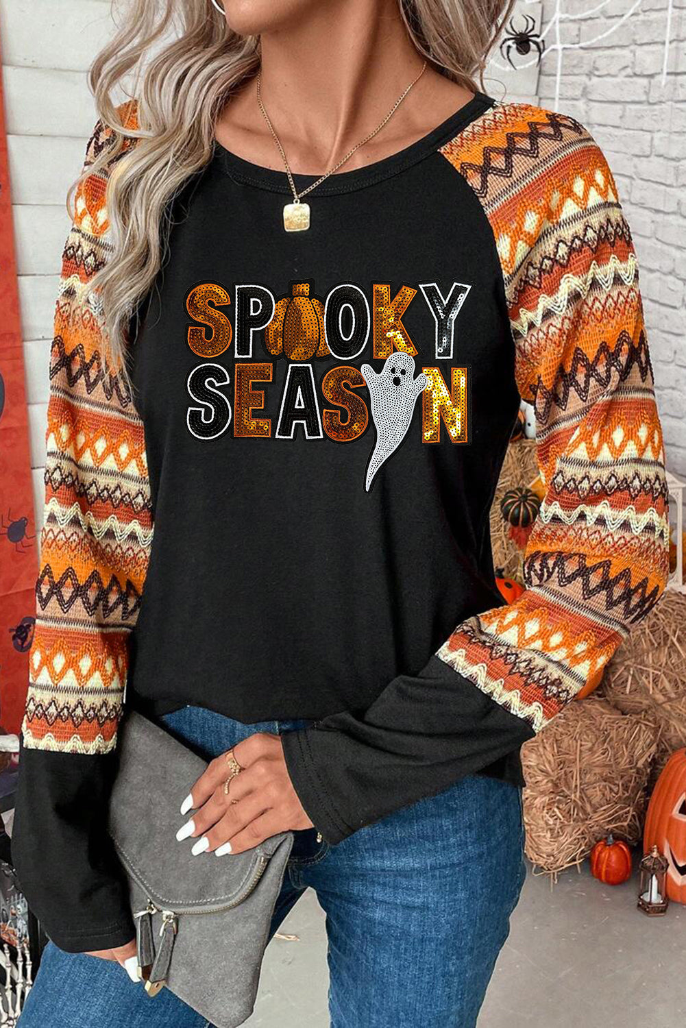 SPOOKY SEASON Sequins Long Sleeve Top