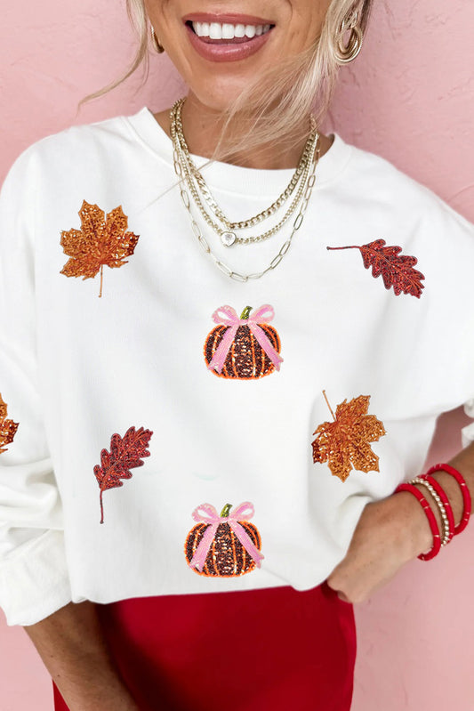 Leaf Bow Pumpkin Sequin Sweatshirt