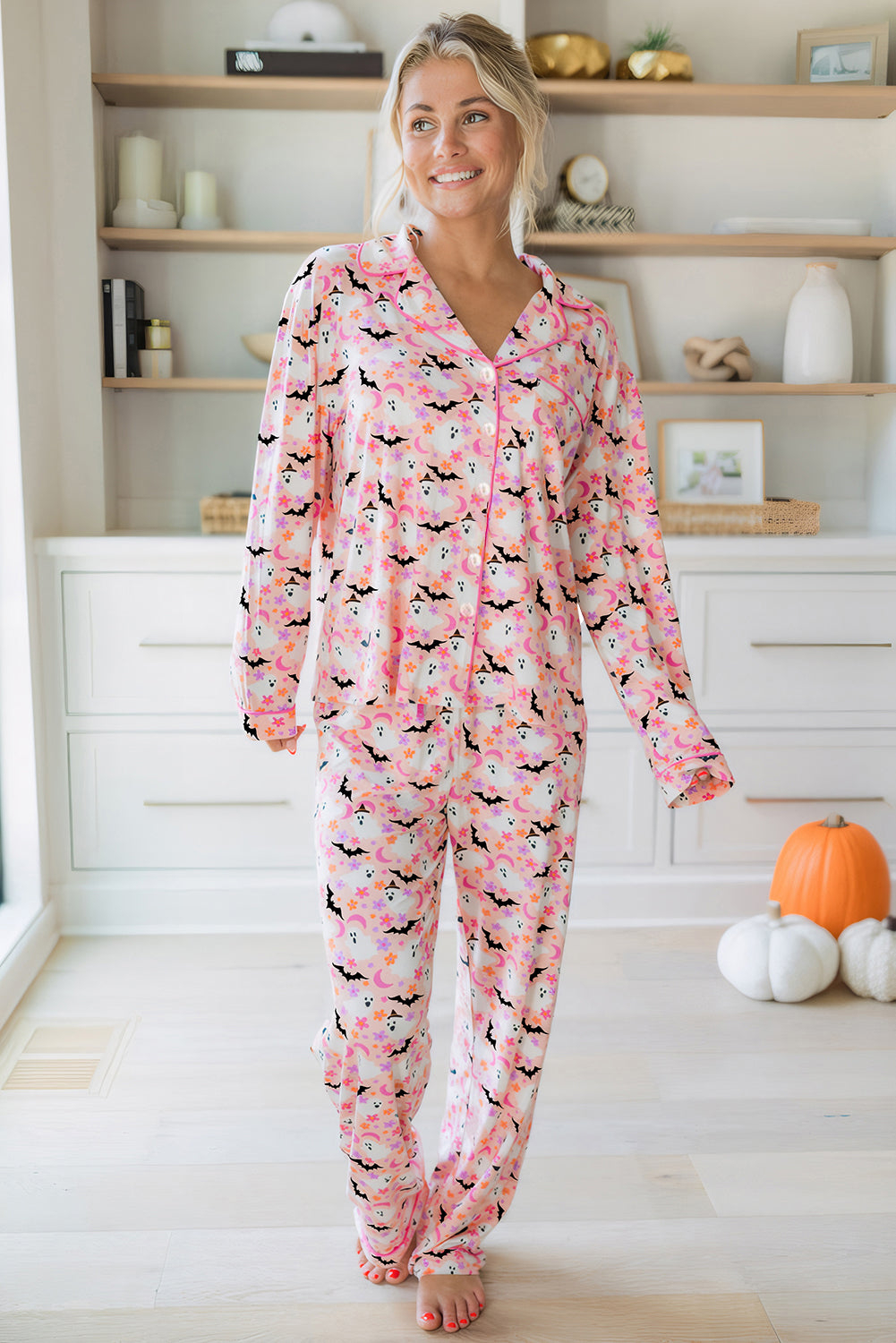 Pink Floral Halloween Ghost Long Pajama Set
