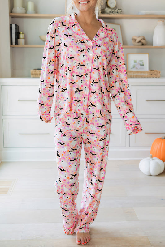 Pink Floral Halloween Ghost Long Pajama Set