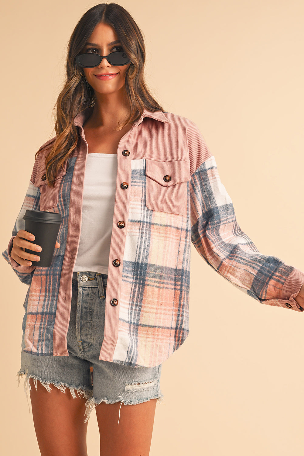 Plaid Corduroy Patchwork Pocket Loose Shacket