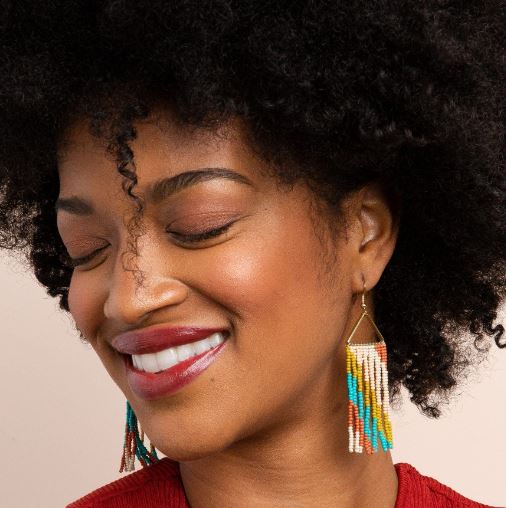 Triangular Beaded Tassel Earrings - Coral & Mustard