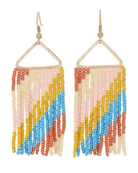 Triangular Beaded Tassel Earrings - Coral & Mustard